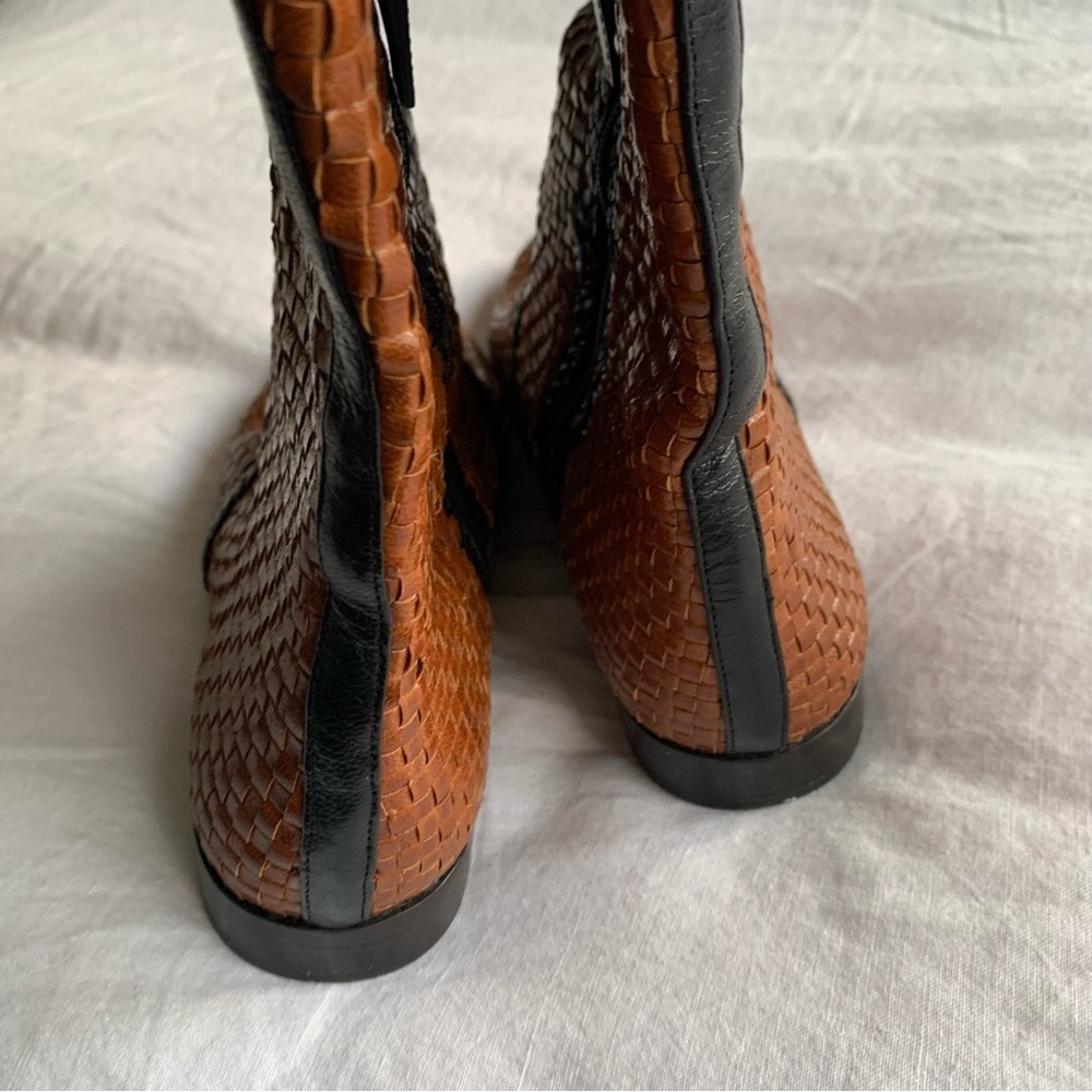 Vintage Prada Woven Leather Riding Knee High Pointy Toe Boots Brown Tan Black - Picture 7 of 10